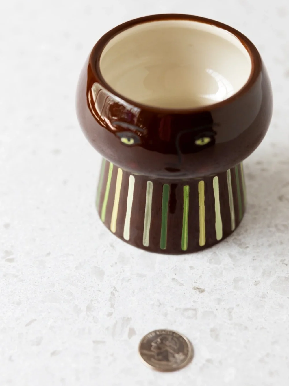 Opal House brown face ceramic planter with green stripes 3.5 inches